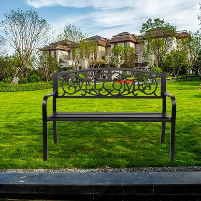 50" Outdoor Garden Bench, Cast Iron Metal Frame Patio Park Bench with PVC Welcome Pattern Backrest,Arch Legs for Park Yard Front Porch Path Yard Lawn Decor Deck Furniture, Black