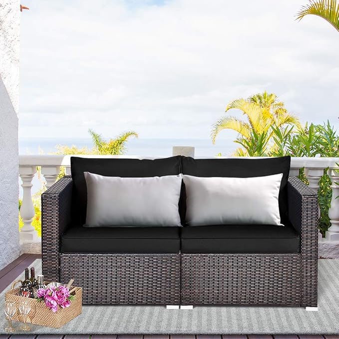 Tangkula 2 Seat Outdoor Wicker Loveseat Sofa Set, Modular PE Rattan 2 Pieces Outdoor Wicker Corner Sofa - Photo 2