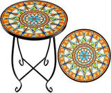 Mosaic Outdoor Side Table Round, 15 Inch Height - Small Patio Table, Foldable Sun Pattern Metal Plant Stand for Garden - Photo 1