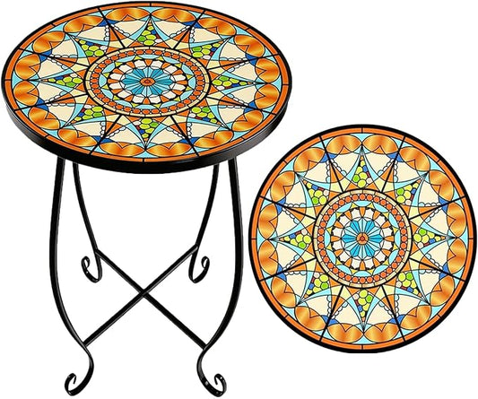 Mosaic Outdoor Side Table Round, 15 Inch Height - Small Patio Table, Foldable Sun Pattern Metal Plant Stand for Garden, Balcony, Porch & Camping