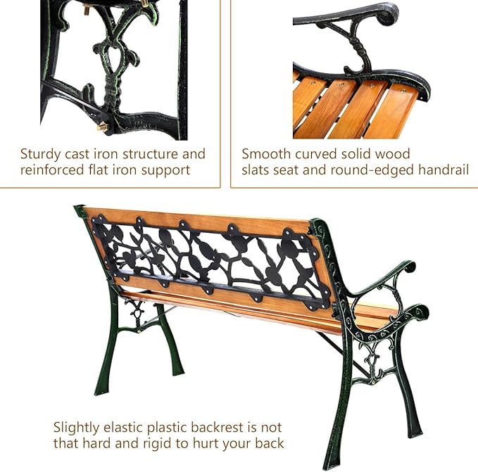 S AFSTAR Outdoor Garden Bench, Outdoor Porch Bench with Rose Cast Backrest & Stable Metal Legs, Weatherproof 2-3 Person Park Bench for Outside Patio Garden Backyard Poolside
