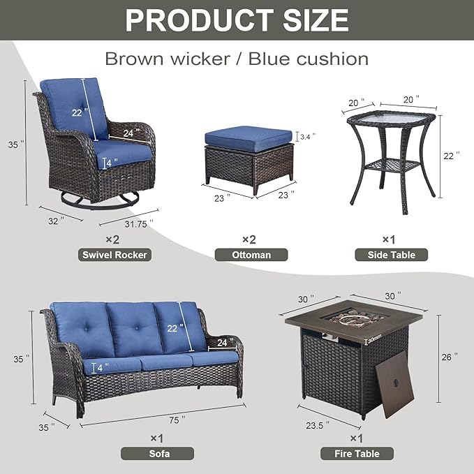 Belord Patio Furniture Set with Fire Pit Table, 7 Piece Wicker Outdoor Furniture Set - Photo 2