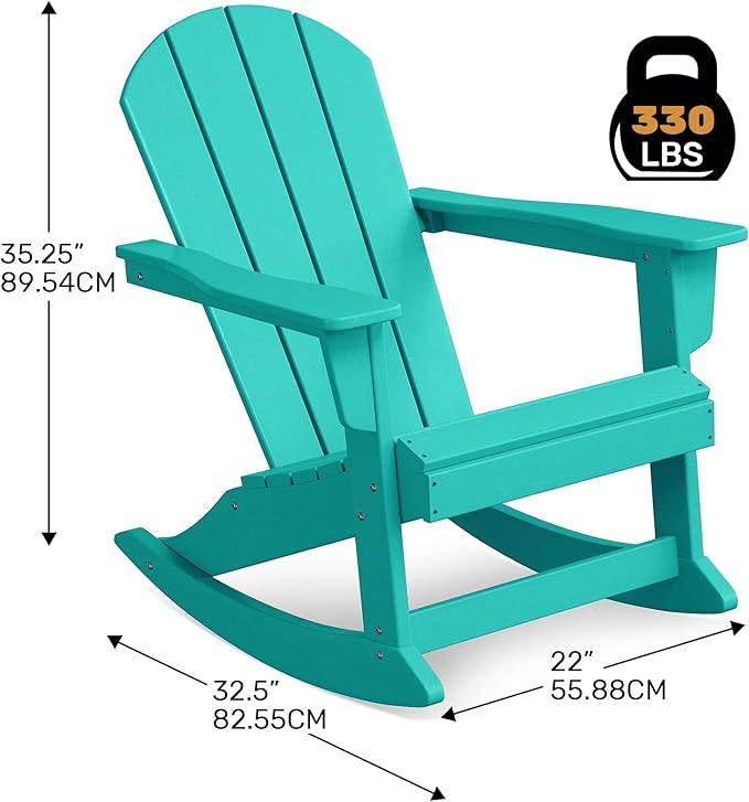 Costaelm Outdoor Adirondack Chair, All Weather Resistant Classic Balcony Chair and Fire Pit Chairs, Adirondack Plastic Outdoor Porch Furniture Rocking Chair High Back HDPE Poly Lumber, Turquoise