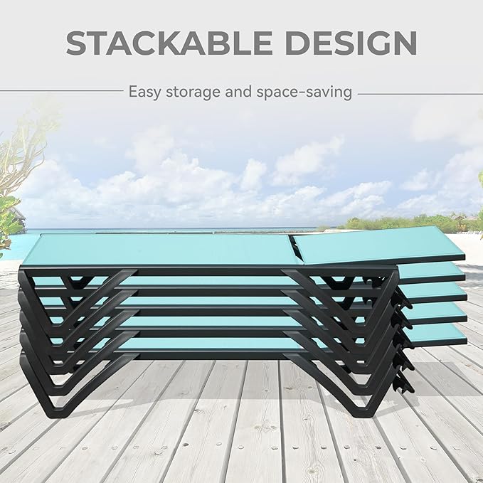 Outdoor Chaise Lounge 2 Pieces Aluminum Patio Lounge Chair with 5 Adjustable Position Recliner Chair Outside Tanning Chairs for Patio, Beach, Yard, Pool (Lake Blue)