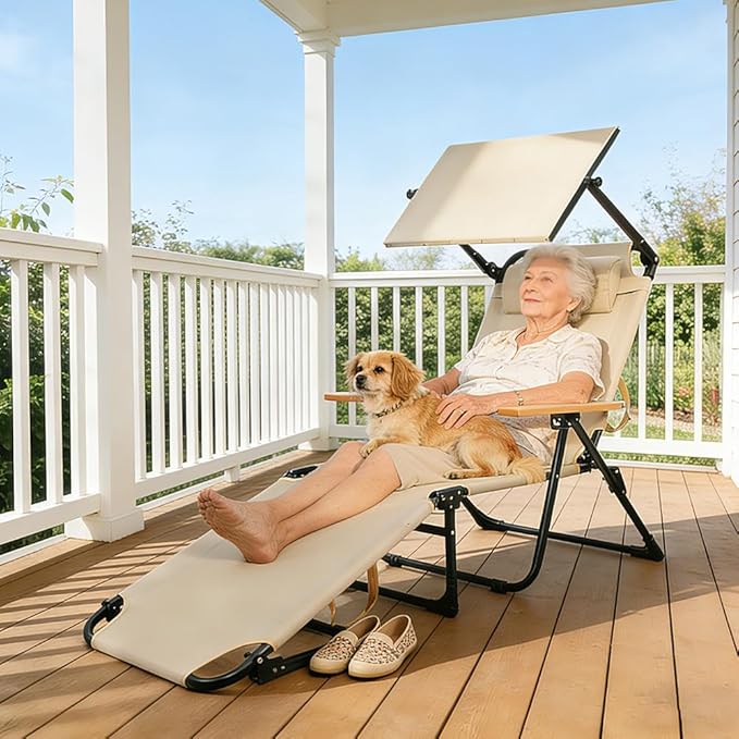 Folding Outdoor Chaise Lounge Chair with Arms, 4 Position Sunbathing Lounge Chair with Shade - Photo 8