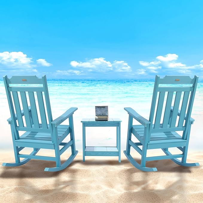 Rocking Chairs Set of 4, All Weather Resistant Poly Lumber Outdoor Porch Rocker, Rocking Chairs for Outdoor, Indoor, Patio, Deck, Garden, Backyard, Load Bearing 380 lbs - Lake Blue