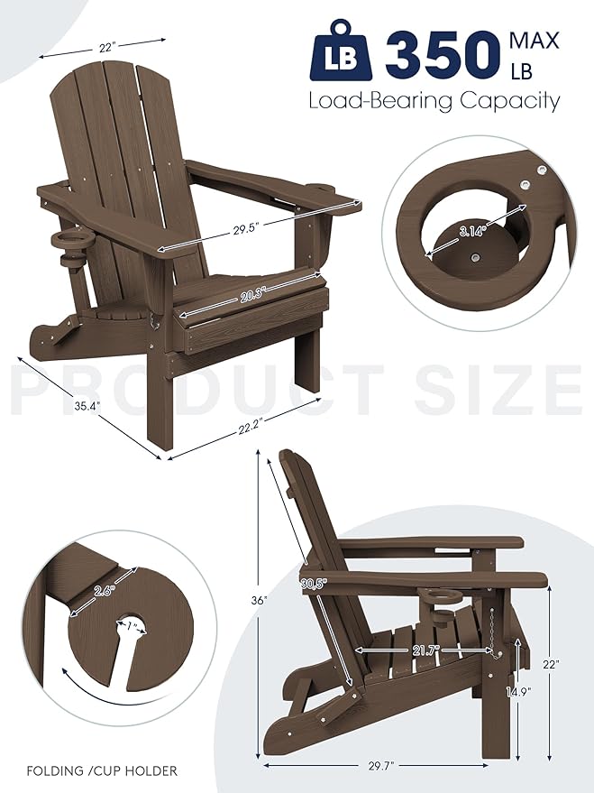 KINGYES Folding Adirondack Chair Set of 4, Dual Cup Holders & All-Weather HDPE, Wood-Like Patio Chair for Backyard, Camping, Pool & Fire Pit, Coffee