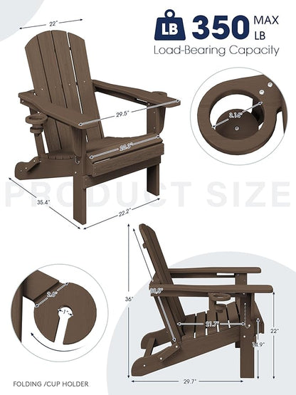 KINGYES Folding Adirondack Chair with Dual Cup Holders - HDPE All-Weather Outdoor Chairs, Wood-Like Patio Chair for Backyard, Camping, Pool & Fire Pit, Coffee