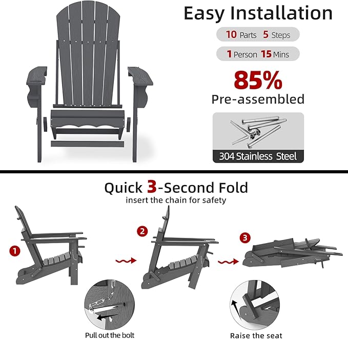 Fire Pit Chairs, HDPE Folding Adirondack Chairs Weather Resistant - Photo 7