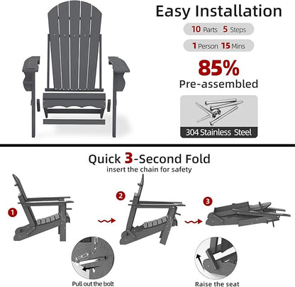Fire Pit Chairs, HDPE Folding Adirondack Chairs Weather Resistant, Composite Foldable Adirondack Patio Chair with Cup Holder and Umbrella Hole, Grey