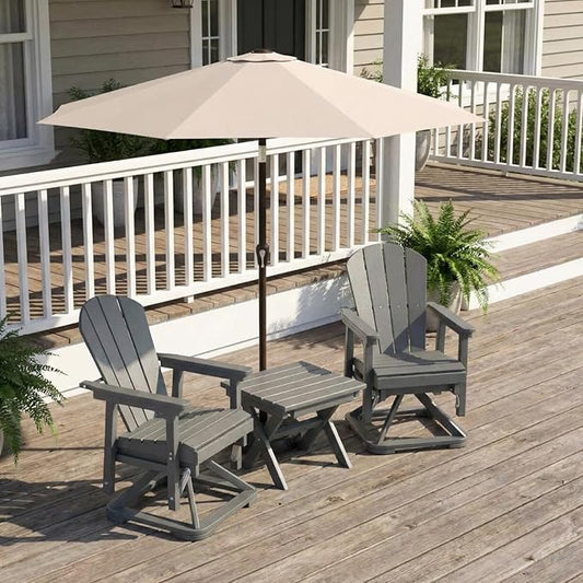 HDPE Outdoor Swivel Glider Chair Set of 2 with Folding Side Table & 9FT Patio Umbrella, Adirondack Wooden Textured Swivel Chairs for Porch, Balcony, Poolside, Backyard (Grey)