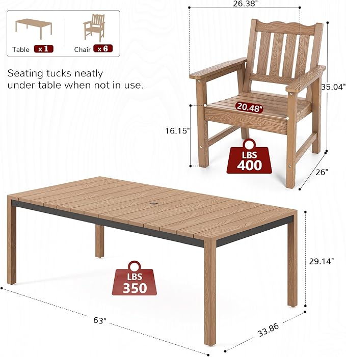 Stoog 7-Piece All-Weather Patio Dining Set, HIPS Dining Table with Cross-Braced Aluminum Frame & Umbrella Hole - Photo 4