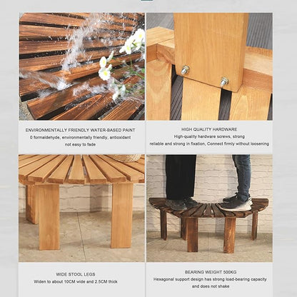 Outdoor Wooden Curved Benches - Round Park Bench in Solid Wood, Slatted Seat, Fan-Shaped, Garden Tree Bench