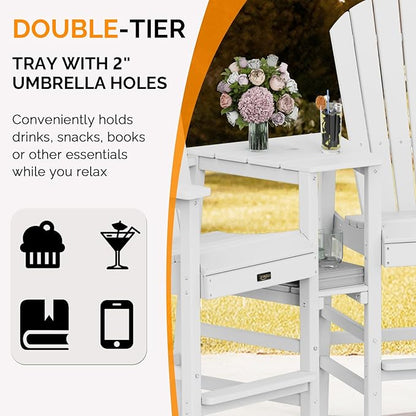 VINGLI Tall Adirondack Chairs Set of 2, All Weather HDPE Bar Height Adirondack Chair with Double Trays, Adirondack Barstools for Balcony, Poolside, Backyard and Patio (White)