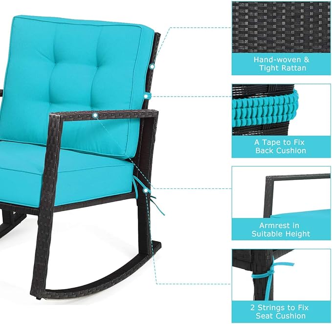 Tangkula Wicker Rocking Chair, Outdoor Glider Rattan Rocker Chair with Heavy-Duty Steel Frame, Patio Wicker Furniture Seat with 5” Thick Cushion for Garden, Porch, Backyard, Poolside (2, Turquoise)