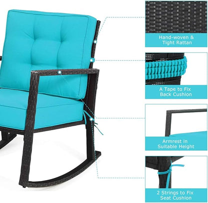 Tangkula Wicker Rocking Chair, Outdoor Glider Rattan Rocker Chair with Heavy-Duty Steel Frame, Patio Wicker Furniture Seat with 5” Thick Cushion for Garden, Porch, Backyard, Poolside (2, Turquoise)
