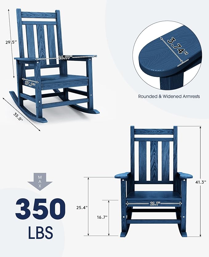 KINGYES Outdoor Rocking Chair, All-Weather Oversized Patio Rocking Chairs for Porch, Navy