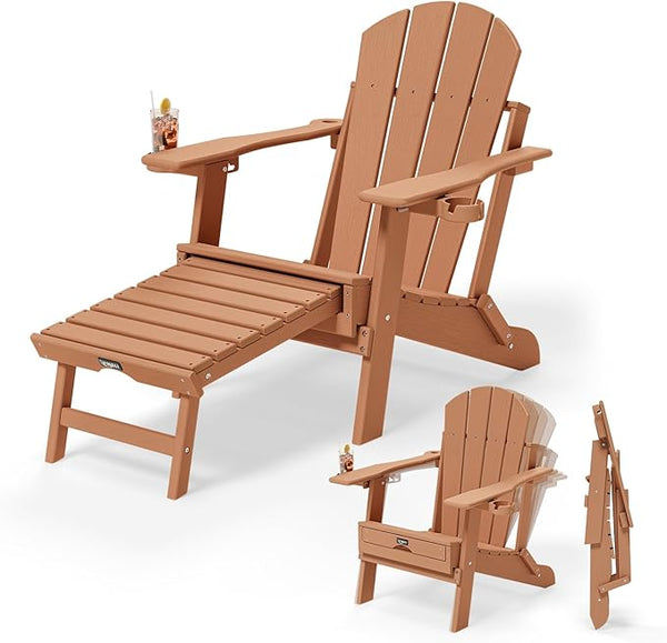 VINGLI Back-Adjustable Plastic Folding Adirondack Chairs with Retractable Footrest & 2-in-1 Cup Holders - Photo 1