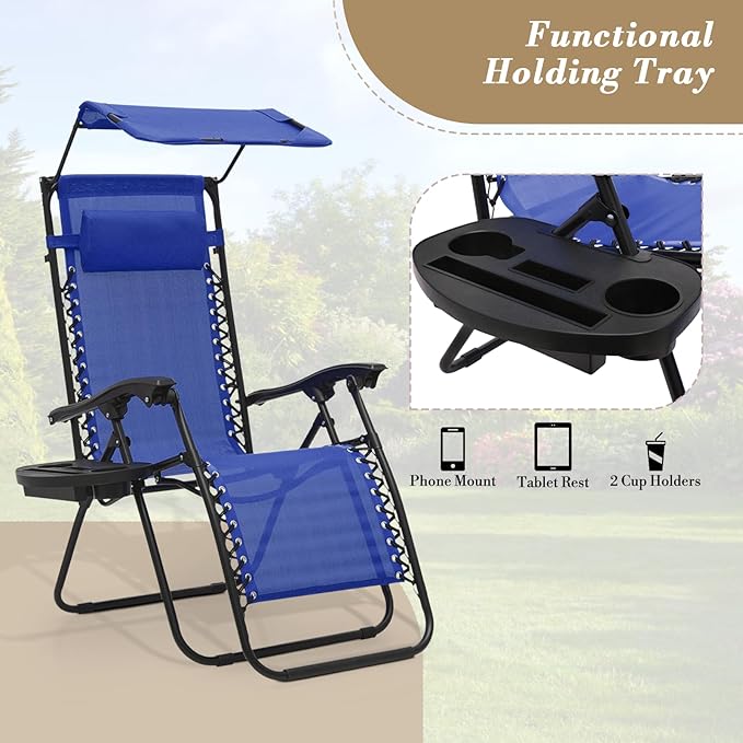 Athena Collection Patio Chairs Set of 2 Reclining Lounge Chair with Cup Holder and Pillow Fabric Camping Chairs with Canopy Foldable Beach Chairs for Garden, Park, Deck, Yard, Poolside, Blue