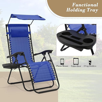 Athena Collection Patio Chairs Set of 2 Reclining Lounge Chair with Cup Holder and Pillow Fabric Camping Chairs with Canopy Foldable Beach Chairs for Garden, Park, Deck, Yard, Poolside, Blue