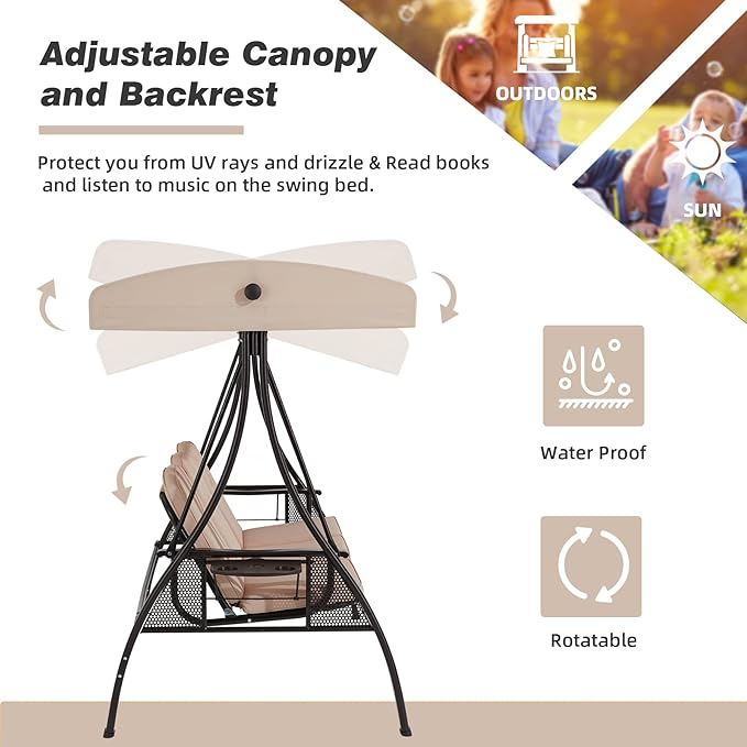 HOMREST 3 Seat Outdoor Porch Swing with 1.5" Deepened Cup Holder, Adjustable Canopy, Patio Swing Bed with Stand - Photo 2