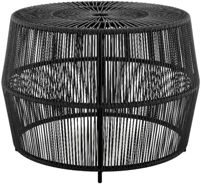 Round Outdoor Coffee Table, 21.7" W x 15.8" H, PE Wicker Rattan, Black Finish, Metal Frame, Lightweight Coastal Style - Photo 1