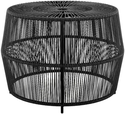 Round Outdoor Coffee Table, 21.7" W x 15.8" H, PE Wicker Rattan, Black Finish, Metal Frame, Lightweight Coastal Style, Weatherproof Design for Patio, Garden, Poolside, or Indoor Spaces
