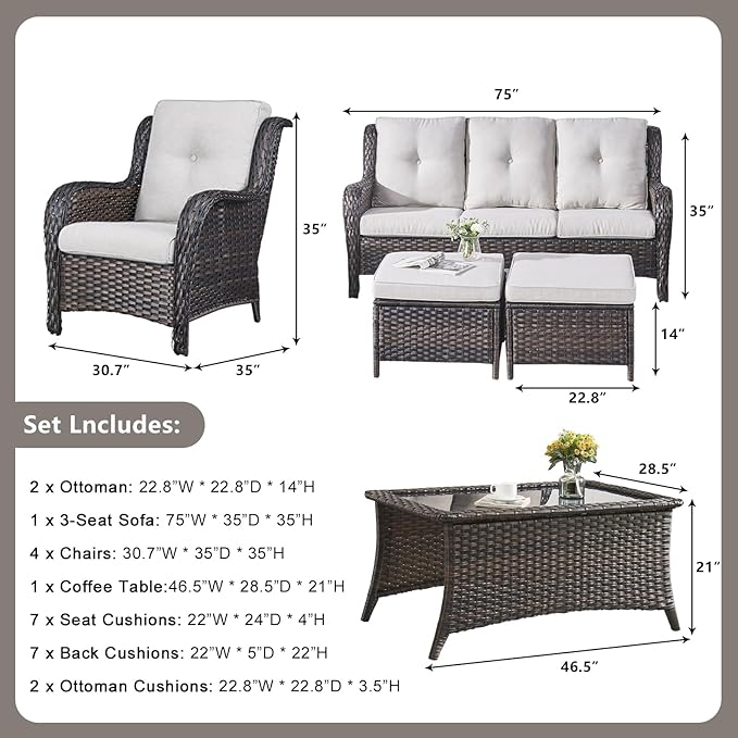 Rilyson Wicker Patio Furniture Chairs Set - 8 Piece Rattan Outdoor Patio Sectional Conversation Sets with 1 Sofa - Photo 2