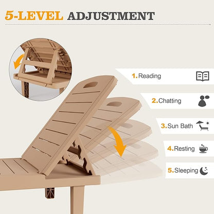 UDPATIO Outdoor Lounge Chairs Set of 2, Resin 5-Position Adjustable Reclining & Side Table, Heavy Duty Waterproof Patio Chairs for Pool, Beach, Lawn, and Garden,New Brown,2 PCS
