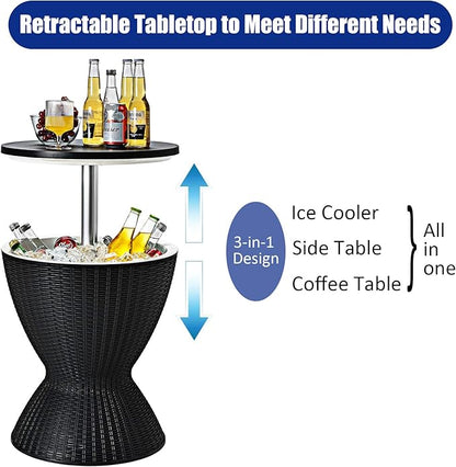 Giantex Outdoor Ice Cooler Side Table with Adjustable Height, 8 Gal Beverage Bucket with Drain Plug, Rattan Patio Bar Table for Poolside, Deck, BBQ & Backyard Parties