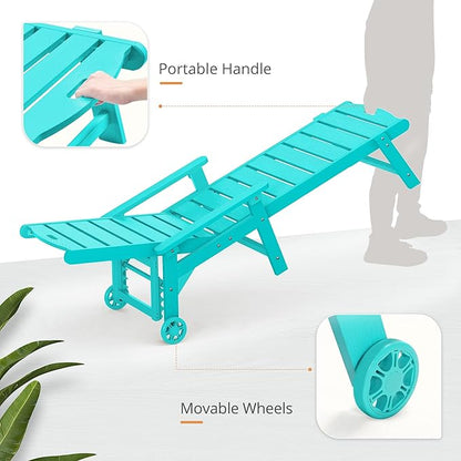 LUE BONA Outdoor Chaise Lounge Chairs Set of 2, HDPS Chaise Lounger, 5 Positions Adjustable Lounge Chairs, Pool Lounge Chair with Wheels for Poolside, Aruba Blue