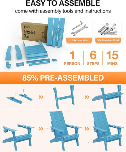 Adirondack Chair with Cup Holder: Folding Adirondack Chairs Set of 4 Plastic HDPE Material Furniture - Modern Composite Fire Pit Chairs Foldable for Outdoor/Backyard/Garden/Lawn/Deck/Porch