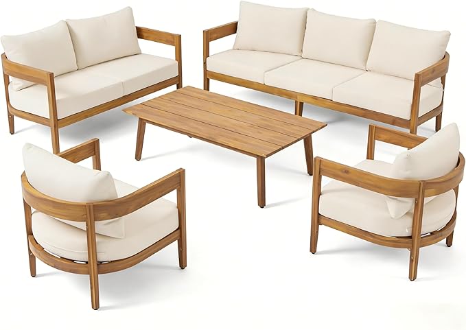 Merax 5pcs Outdoor Acacia Wood Conversation Set with 2 Chais,Loveseat,3-Seater Sofa and Coffe Table,with Cushions for Patio,Garden