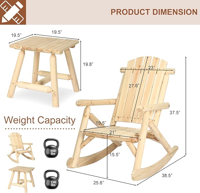 HOMEDIARY 3 Pieces Outdoor Wood Rocking Bistro Set, Adirondack Rocker Chair Set with 2 Rockers and 1 Coffee Table, Patio Wooden Conversation Set for Garden, High Fanned Back & Slatted Seat, Natural