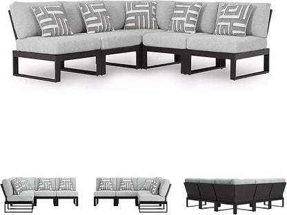 Signature Design by Ashley Beachloft Symmetrical Casual 5-Piece Outdoor Sectional with Cushion and 5 Throw Pillows, Light Gray