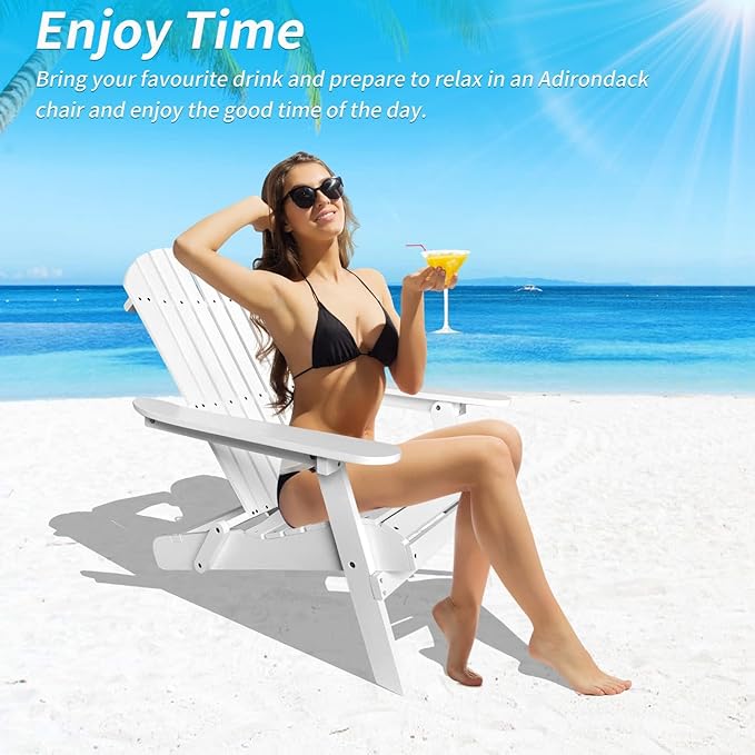 YRLLENSDAN Folding Adirondack Chair - Weather Resistant Plastic Outdoor Chairs for Patio, Lawn, Garden, or Fire Pit - Cozy Plastic Adirondack Chair for Outside Seating (1, White)