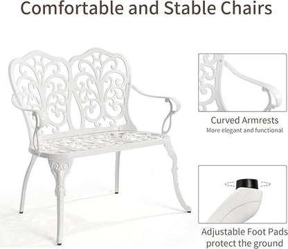 HOMEFUN Outdoor Bench, Patio Garden Benches Waterproof Metal Loveseat Cast-Aluminum Outdside Furniture for Park Lawn Front Porch White