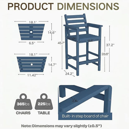 Kingdura Tall Adirondack Chairs Set of 2, Weather Resistant HDPE Bar Height Outdoor Stools with Removable Double Connecting Trays, Wooden Grain for Patio, Balcony, Deck (Navy Blue)