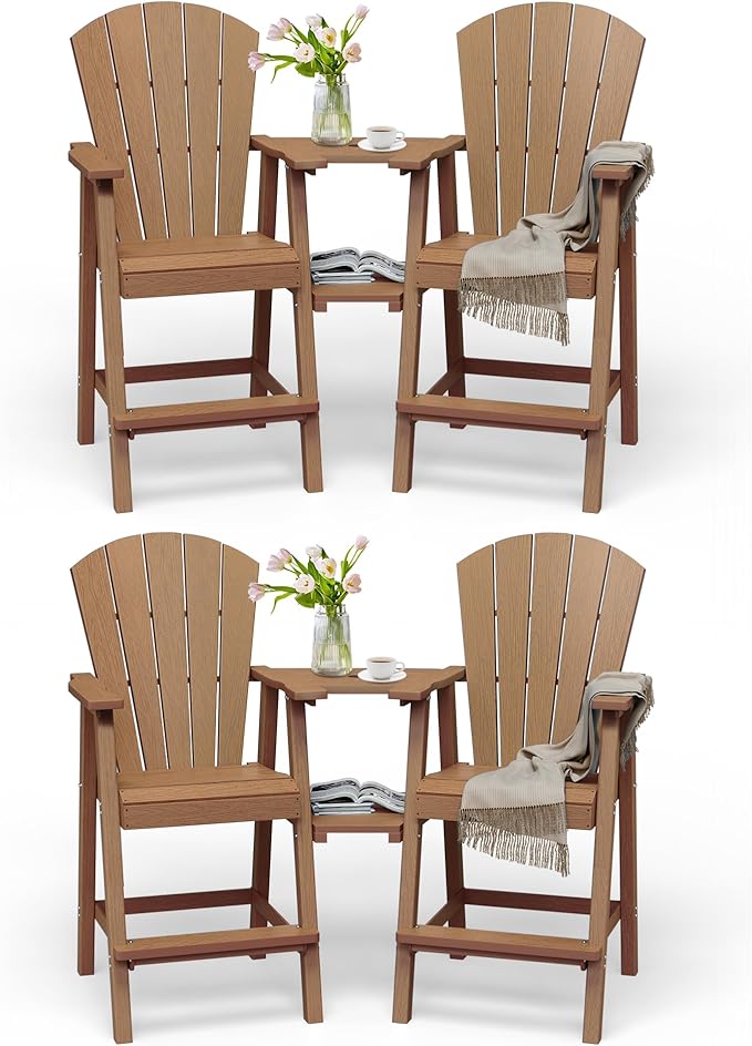 Tall Adirondack Chairs Set of 4, HDPE High Adirondack Chairs with Double Removable Trays, All Weather Outdoor Barstools for Patio, Balcony, Backyard, Deck and Garden, Teak