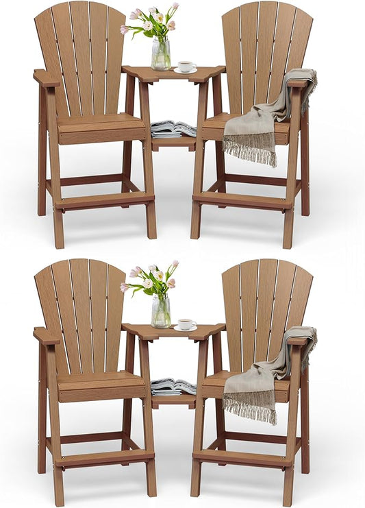 Tall Adirondack Chairs Set of 4, HDPE High Adirondack Chairs with Double Removable Trays, All Weather Outdoor Barstools for Patio, Balcony, Backyard, Deck and Garden, Teak