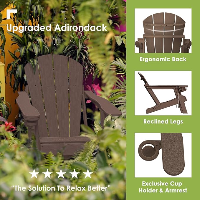 GREENVINES Adirondack-Chairs-with-Ottoman | Set of 2 | Wood Grain | Dark Brown | Folding | Retractable-Footrest | HDPE Plastic | All Weather Fire Pit Chair | Cup Holders | for Outdoor Poolside