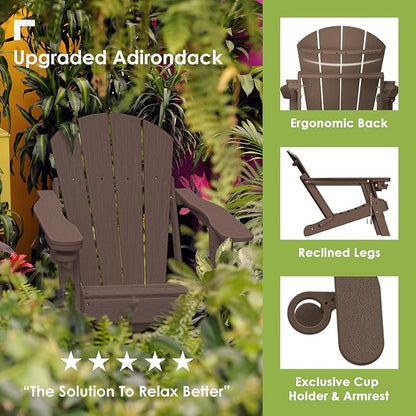 GREENVINES Adirondack-Chairs-with-Ottoman | Set of 6 | Wood Grain | Dark Brown | Folding | Retractable-Footrest | HDPE Plastic | All Weather Fire Pit Chair | Cup Holders | for Outdoor Poolside