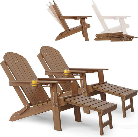 YEFU Adirondack Chair with Ottoman Outdoor: Adjustable Folding Adirondack Chairs Set of 2 - Fire Pit Chairs with Cup Holder - Sturdy HDPE Plastic All Weather for Patio/Fire Pit/Outside(Shallow walnut)