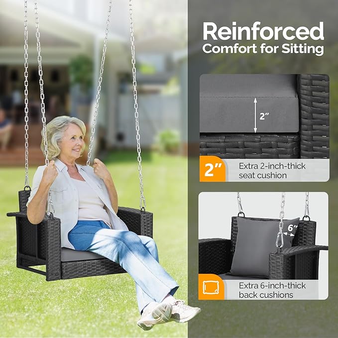 2 FT Wicker Porch Swing, Square Single Person Outdoor Hanging Swing Bench. Handwoven with Weatherproof PE Rattan - Photo 6