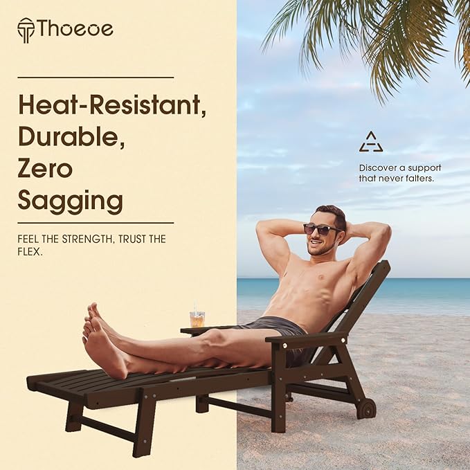 THOEOE Patio Chaise Lounge Chair, Oversized Lounge Chair Outdoor with 5 Positions, HDPE, Patio Lounge Chair with Wheels & Cup Holder for Pool, Deck, Poolside,Brown