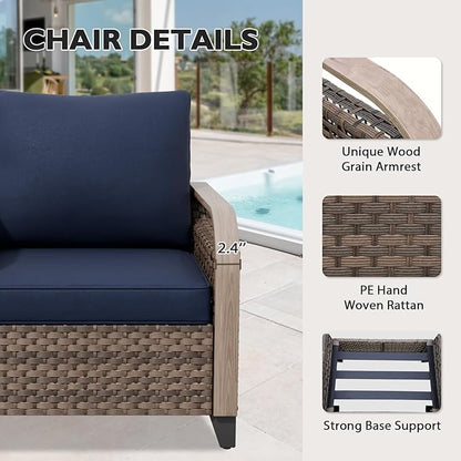 EAGLE PEAK Wicker Outdoor Patio Sofa Modern Rattan Patio Furniture Loveseat for Backyard Deck Porch Balcony, 3 Seat Couch, Brown/Blue