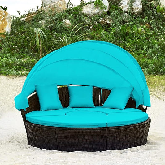 RELAX4LIFE Round Outdoor Daybed with Canopy, Rattan Wicker Sectional Sofa Set w/Cushions, Height Adjustable Table, Conversation Bed Lounger Separated Seating for Outside Pool, Patio Daybed (Turquoise)