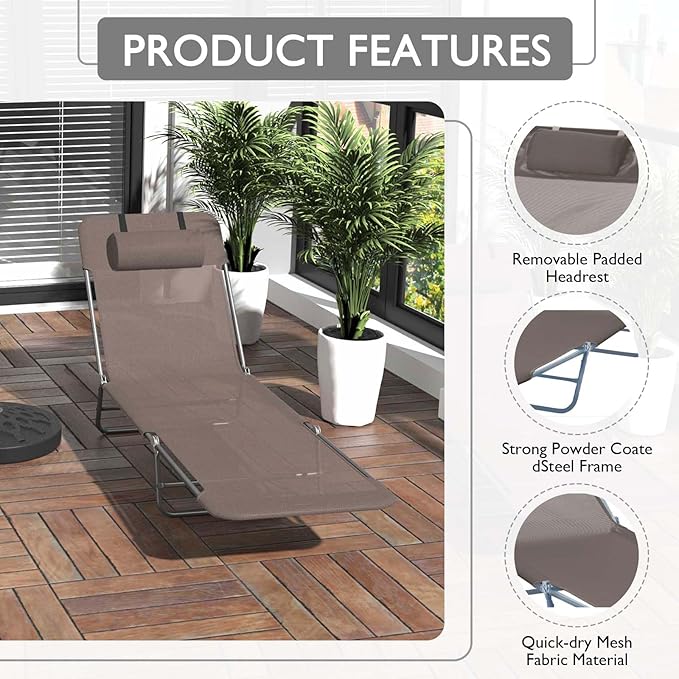 Folding Chaise Lounge Chair, Pool Sun Tanning Chair, Outdoor Lounge Chair with 5-Position Reclining Back, Breathable Mesh Seat, Headrest for Beach, Yard, Patio(Brown)
