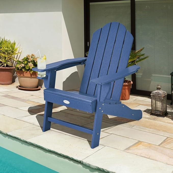 Tangkula Adirondack Chair Outdoor, Fade Resistant HDPE Armchairs with Cup Holder, Weather Resistant Lounger Chairs for Patio Garden Backyard Deck, Lawn Porch Seating, Adirondack Lounger (1, Navy)