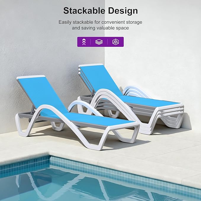 PURPLE LEAF Patio Chaise Lounge Chair with Armrests Outside Aluminum Plastic Stackable Tanning Chairs for Pool Sunbathing Beach Deck Outdoor Lounger, Turquoise Blue